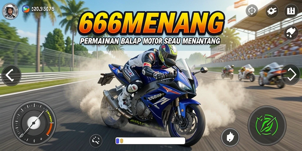 Gameplay seru 666MENANG dengan balapan motor yang menegangkan.