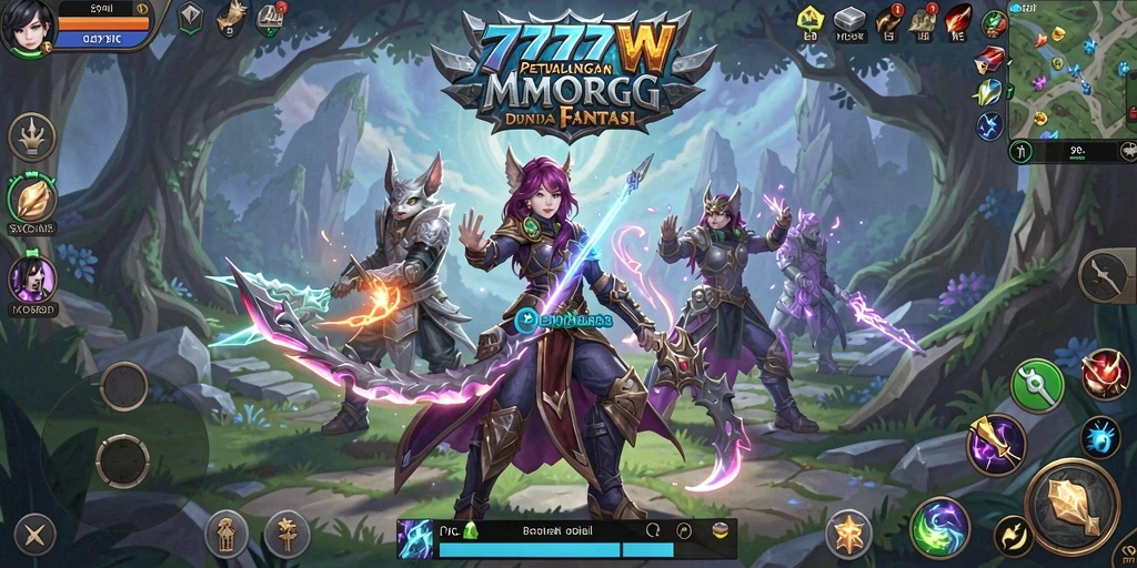 Screenshot utama 7777W menampilkan aksi seru dalam dunia MMORPG fantasy.