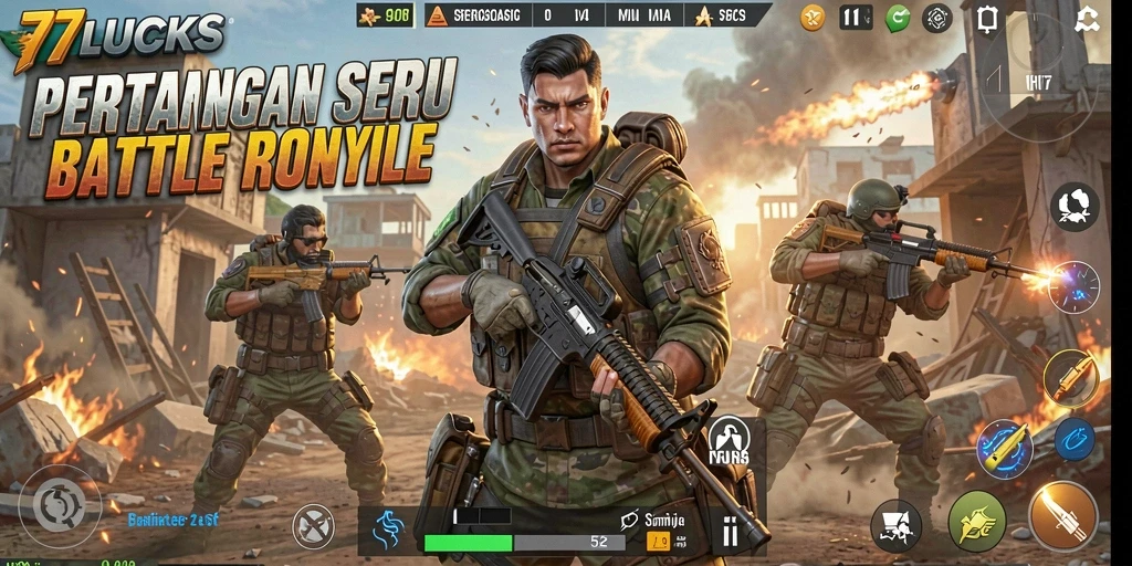 Gameplay seru di 77LUCKS, pertarungan Battle Royale yang intens.