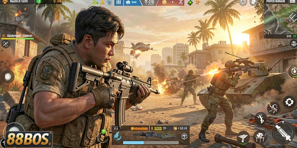 Screenshot gameplay 88BOS yang menampilkan aksi tembak menembak yang intens.