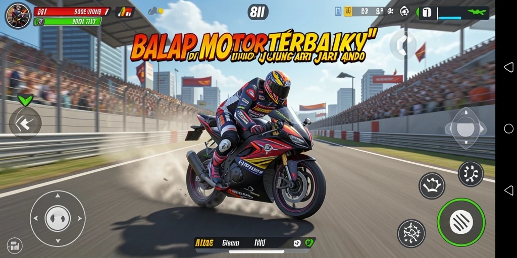 Screenshot gameplay 8II menampilkan balapan motor cepat dan mendebarkan.
