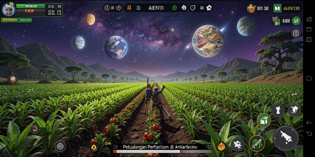 Tangkapan layar menunjukkan gameplay unik ALIEN138 dengan pertanian alien.