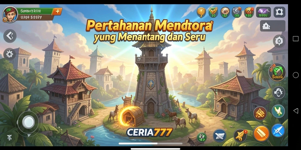 Tampilan gameplay CERIA777 dengan menara yang siap bertahan.