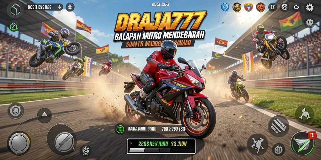 Screenshot gameplay DRAJA777 menampilkan aksi balapan motor yang mendebarkan.