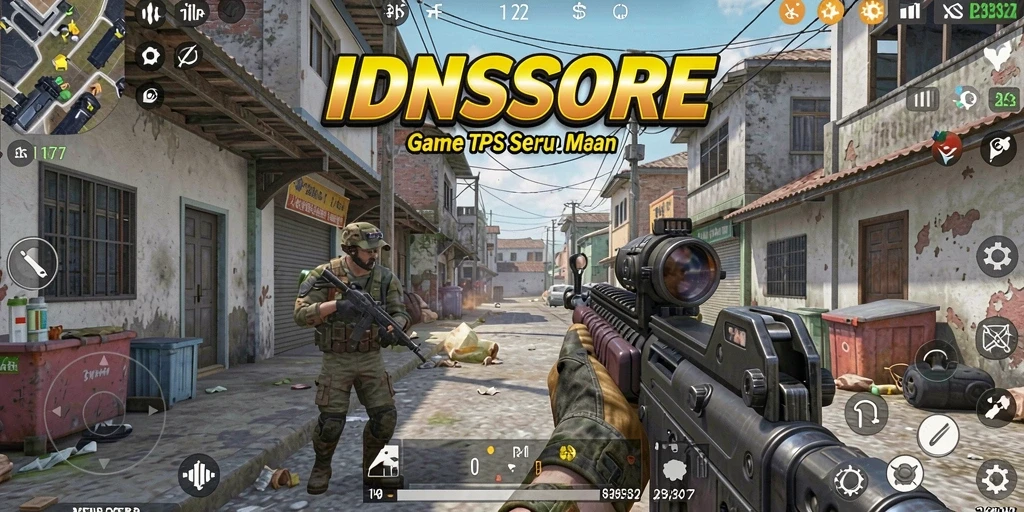 Screenshot gameplay IDNSCORE menunjukkan aksi tembak-menembak yang mendebarkan.