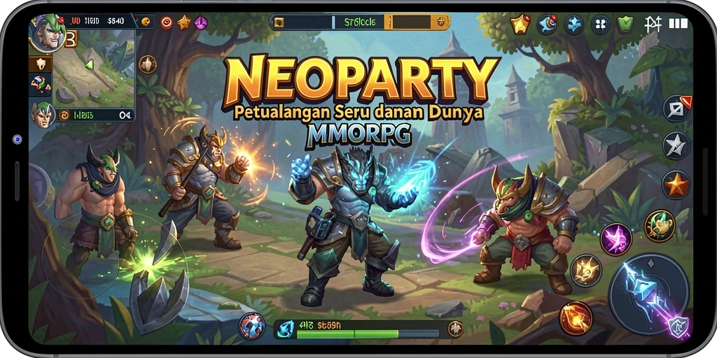 Tampilan seru dari gameplay NEOPARTY dengan berbagai karakter dan monster.