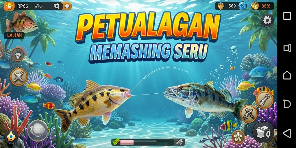 Screenshot gameplay RP66 yang menampilkan aksi memancing di lautan.