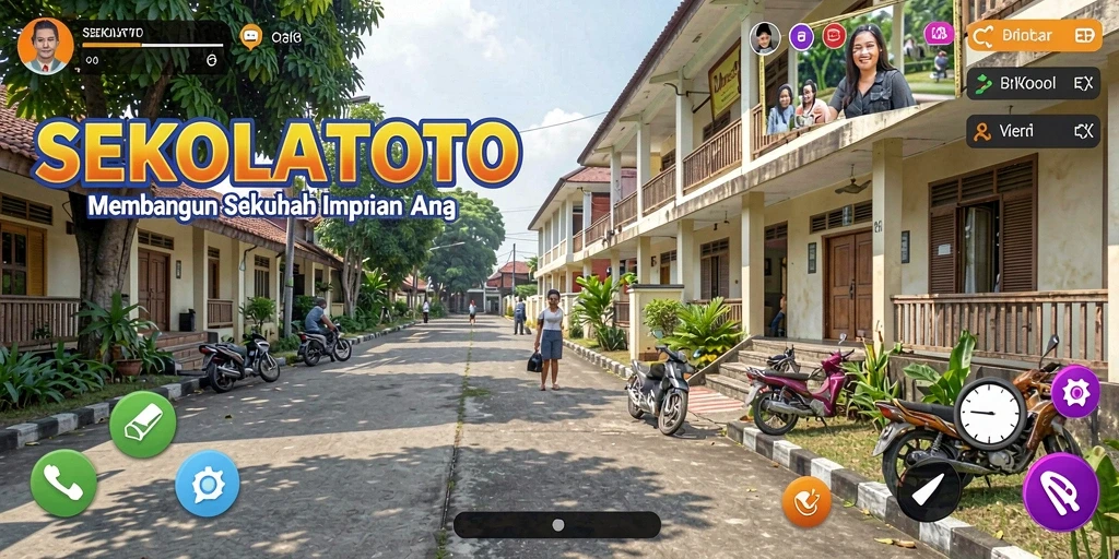 Tampilan gameplay SEKOLAHTOTO dengan desain sekolah yang kreatif.